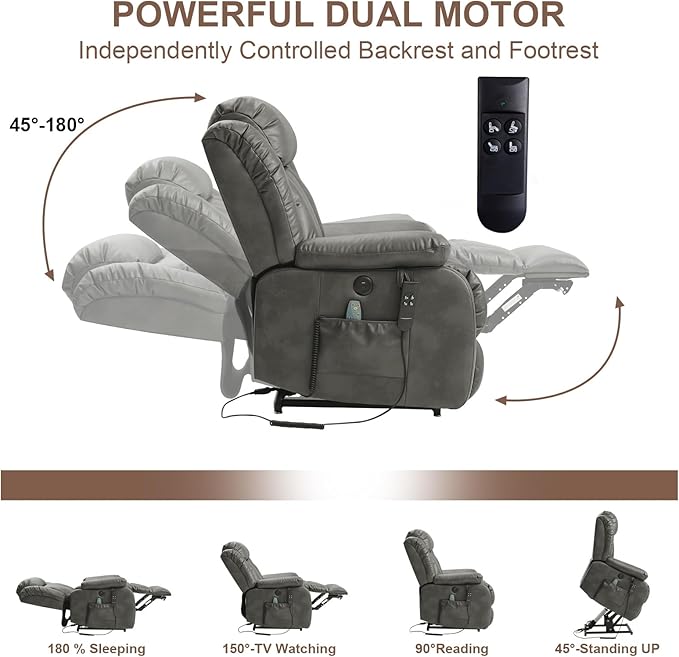 Dual Motor Large Power Lift Recliner Chair for Elderly with Heat and Massage,Lay Flat Lift Chairs Recliners for Seniors Infinite Position,USB Ports&Remote, Leather (Silver Grey, Medium)