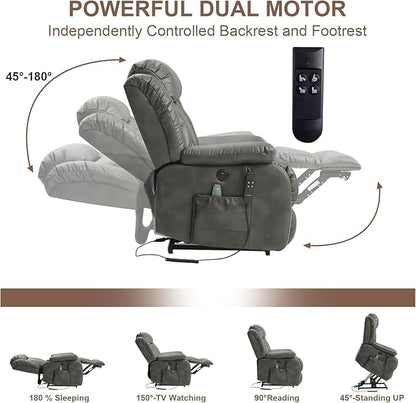 Dual Motor Large Power Lift Recliner Chair for Elderly with Heat and Massage,Lay Flat Lift Chairs Recliners for Seniors Infinite Position,USB Ports&Remote, Leather (Silver Grey, Medium)