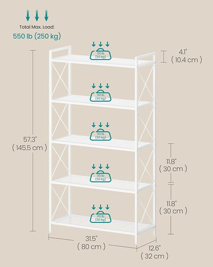 SONGMICS 5-Tier Metal Storage Rack, Shelving Unit with X Side Frames, Dense Mesh, 12.6 x 31.5 x 57.3 Inches, for Entryway, Kitchen, Living Room, Bathroom, Industrial Style, Cloud White UBSC185W01
