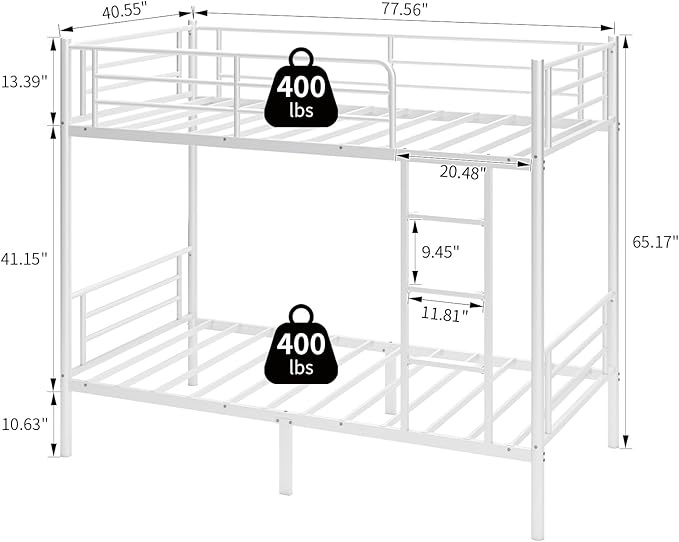 Bunk Bed,Twin Over Twin Bunk Beds for Kids Teens Adults,Heavy Duty Metal Slats Bed Frame with Ladders and Guardrail,400 lbs Capacity,No Spring Box Required,White