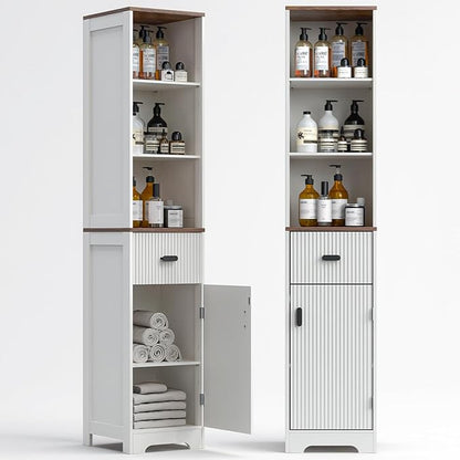 Tall Modern Bathroom Cabinet, 68.5" H Storage Cabinet with Fluted Wave Door, Drawer, Adjustable Shelves, Narrow Cabinet for Kitchen, Living Room, Entryway, White