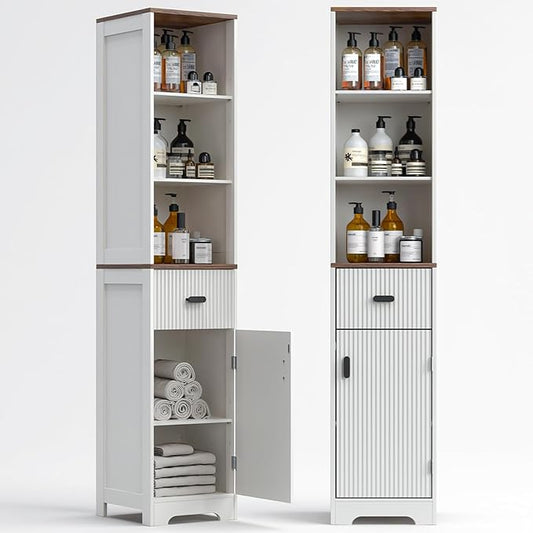 Tall Modern Bathroom Cabinet, 68.5" H Storage Cabinet with Fluted Wave Door, Drawer, Adjustable Shelves, Narrow Cabinet for Kitchen, Living Room, Entryway, White
