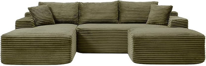108 Inch Cloud Sectional Couch,Modern Modular Sectional Sofa with Deep Seat,Corduroy Boneless Couches with L-Shape Chaise for Living Room,No Assembly Required (Green, Left Facing Chaise + Ottoman)