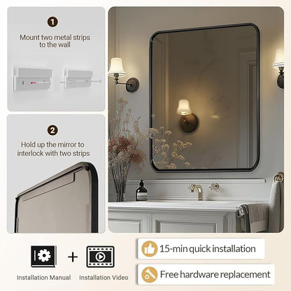 ANDY STAR Black Bathroom Mirror, 36x40 Inch Rounded Rectangle Mirror for Bathroom, Modern Tube Metal Framed Rectangular Mirror for Vanity, Wall-Mounted Vertically or Horizontally