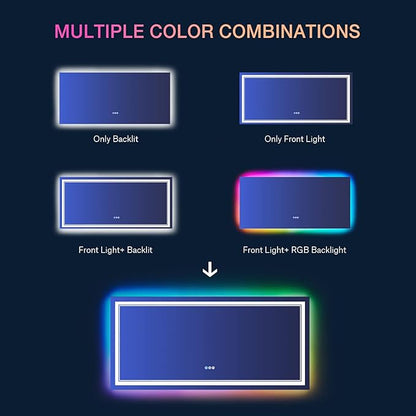 60x28 Inch LED Bathroom Mirror with Lights, RGB Color Changing Lighted Mirrors for Bathroom Wall, Dimmable, Anti-Fog,Large LED Mirror for Bathroom (RGB Multicolor Backlit+Front-Lit)