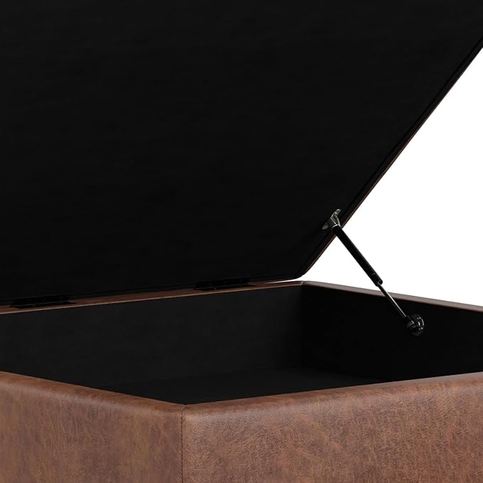 SIMPLIHOME Shiloh 38 inch Wide Transitional Contemporary Square Storage Ottoman in Distressed Saddle Brown Vegan Faux Leather, Assembled, for The Living Room, Entryway and Family Room