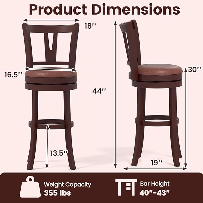 COSTWAY Barstools Set of 2, 30” Faux Leather Upholstered Bar Stools with High Backs and Footrests, Armless Kitchen Island Dining Chairs with Solid Wood Legs, Cappuccino (2, 30'' Seat Height)