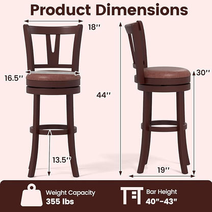 COSTWAY Barstools Set of 2, 30” Faux Leather Upholstered Bar Stools with High Backs and Footrests, Armless Kitchen Island Dining Chairs with Solid Wood Legs, Cappuccino (2, 30'' Seat Height)