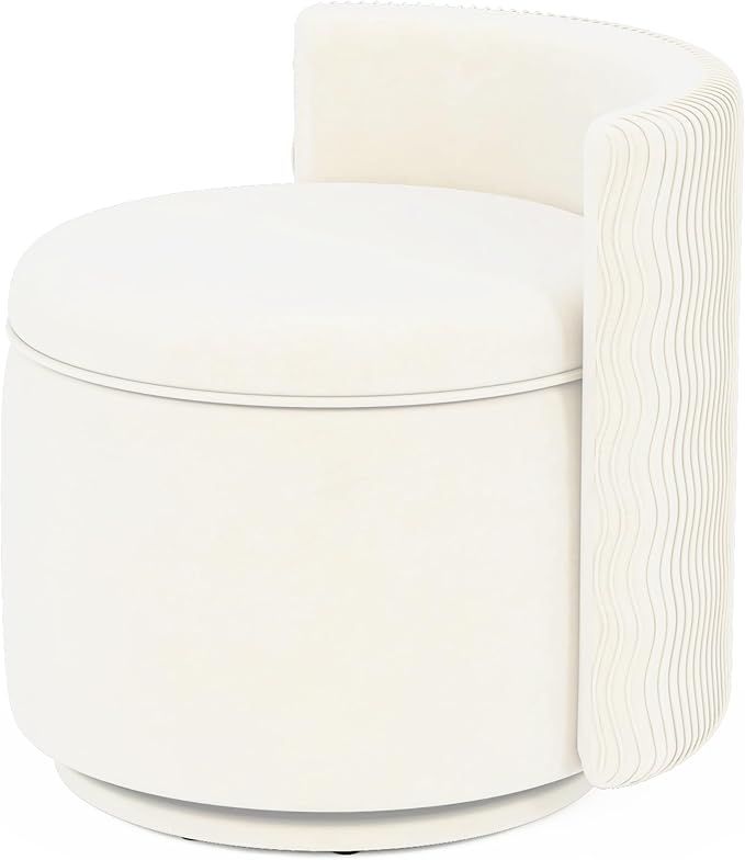 360° Swivel Accent Chair with Storage, Vanity Stool with Back, Velvet Storage Ottoman, Upholstered Round Barrel Vanity Chair for Living Room, Makeup Room, Bedroom (Off White)