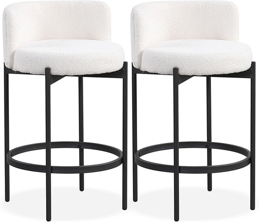 COSTWAY Counter Height Bar Stools Set of 2, 24.5 Inch Boucle Modern Barstools w/Curved Backrest, Metal Frame, Comfy Footrest, Upholstered Island Chairs for Dining Room, Kitchen, Cafe, 400 LBS Max Load