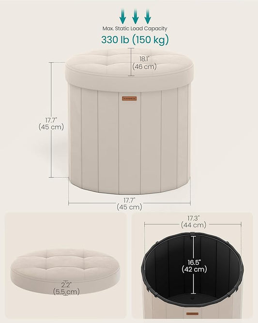 SONGMICS Mazie Collection - Round Storage Ottoman, Folding Footrest Stool with Removable Lid, Easy Assembly, Velvet Vanity Stool for Bedroom, Living Room, Entryway, Cappuccino Beige ULSF608L01