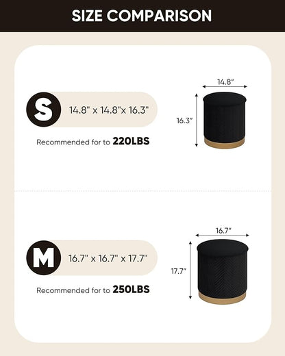 B FSOBEIIALEO Ottoman with Stroage, Round Velvet Storage Ottoman with Gold Plating Base,Foot Rest Stool for Dorm Room, Living Room Black, 16.73"x16.73"x17.72"