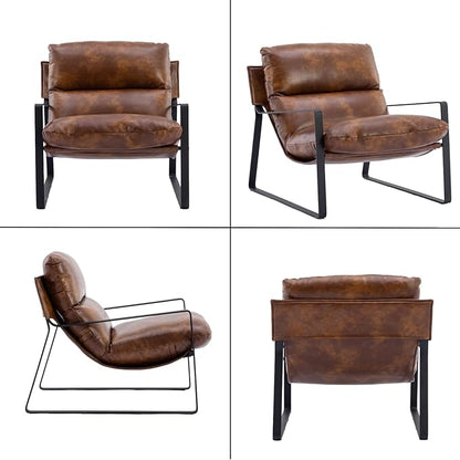 HEAH-YO Modern Accent Chairs Set of 2, PU Faux Leather Living Room Chairs with Removable Cushion and Solid Metal Frame, Comfy Reading Chairs for Bedroom, Brown