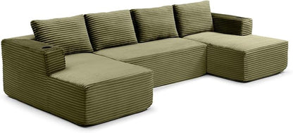 132 Inch Modular Sectional Sleeper Sofa, Boneless Cloud Couch for Living Room, U Shaped 5 Seat Sofa with 2 Cup Holders, Free Combination, No Assembly Required (Green)