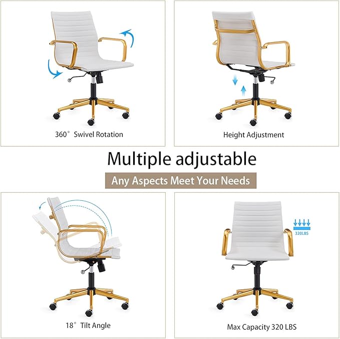 COROCC Office Desk Chair Modern Conference Room Task Chairs Leather Computer Swivel Excutive Ribbed Ergonomic Rolling Chair for Bed Room White and Gold Chair