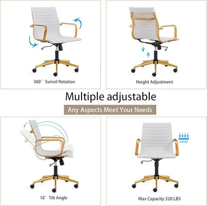COROCC Office Desk Chair Modern Conference Room Task Chairs Leather Computer Swivel Excutive Ribbed Ergonomic Rolling Chair for Bed Room White and Gold Chair