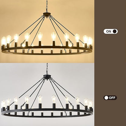 53” Large Farmhouse Wagon Wheel Chandelier,Black Rustic Chandelier 24-Lights,Round Dining Room Light with Adjustable Height,Industrial Ceiling Light Fixtures for Kitchen,Foyer,Porch,Living room
