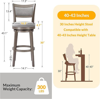 PrimeZone Swivel Bar Stools Set of 2, 30 Inch Bar Height Barstools, High Back Bar Stool with Solid Wood Legs & Wrap-Around Footrest, Counter Stools for Kitchen Island, Pub, Grey