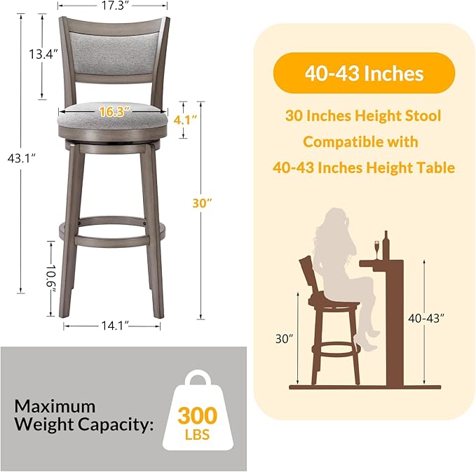 PrimeZone Swivel Bar Stools Set of 8, 30 Inch Bar Height Barstools, High Back Bar Stool with Solid Wood Legs & Wrap-Around Footrest, Counter Stools for Kitchen Island, Pub, Grey
