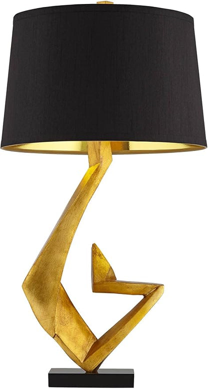 Possini Euro Design Zeus Mid Century Modern Glam Luxury Table Lamp 28.5" Tall Sculptural Gold Leaf Metal Black Fabric Tapered Drum Shade Decor for Living Room Bedroom House Bedside Nightstand Home