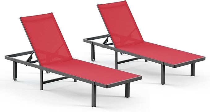 Pool Lounge Chairs Set of 2，Outdoor Lounge Chairs with Wheels and 5-Position Recliner -Easy to Move- Aluminum Patio Lounge Chair for Poolside, Deck (Red)