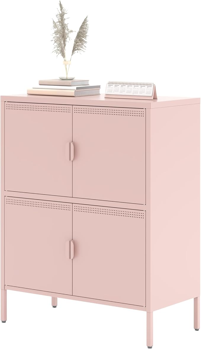 4 Door Metal Storage Locker,2-Tier Office Cabinet,Pink Metal Locker Storage Cabinet for Industrial,Home,School,Gym,31.5 x 15.8 x 40 Inches,Pink