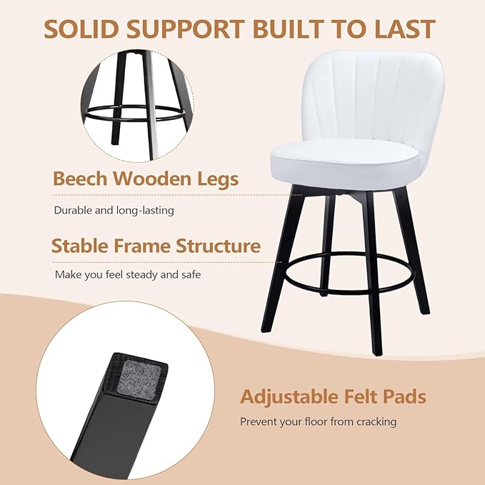 MINCETA Bar Stools Set of 2, PU Leather Barstools, 26 Inch Upholstered Counter Stools with Backrest and Footrest, Swivel Counter Height Barstools for Kitchen Island Home Bar White