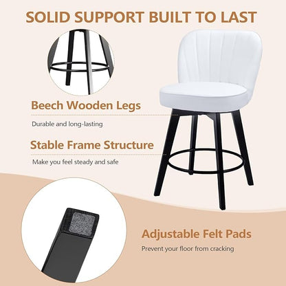 MINCETA Bar Stools Set of 2, PU Leather Barstools, 26 Inch Upholstered Counter Stools with Backrest and Footrest, Swivel Counter Height Barstools for Kitchen Island Home Bar White