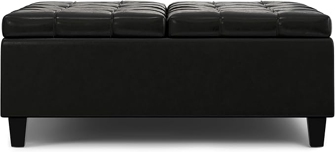 SIMPLIHOME Harrison Large Coffee Table Storage Ottoman - 40 inch Wide Upholstered Vegan Leather Square Lift-Top Ottoman in Midnight Black, Transitional Bench for Living Room with Sturdy Base