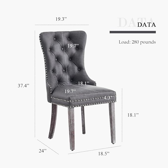 Leather Dining Chair Set of 6, Dining Room Chairs with Nailhead Ring Pull Trim, Upholstered Dining Chairs with Solid Wood Legs for Kitchen Dining Room (Grey)