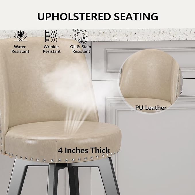 MINCETA Bar Stools Set of 4, PU Leather Barstools, 26 Inch Upholstered Counter Stools with High Back and Footrest, Swivel Counter Height Barstools for Kitchen Island Home Bar Khaki