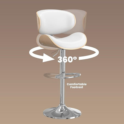 Bar Stools Set of 2, Bar Stools for Kitchen Island with Bentwood Back and Leather Seat, Swivel Barstools for Kitchen Counter, Bar, Snow White