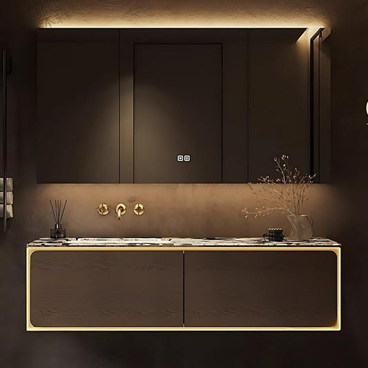 52IN Bathroom Vanity Set with a Single Sink - Embedded Sensor Light Strip & Large Capacity Floating Cabinet | Modern Bathroom Vanities with Defogging Mirror Surface & LED Lighting (Mirror Cabinet)