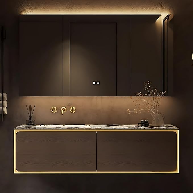 50IN Bathroom Vanity Set with a Single Sink - Embedded Sensor Light Strip & Large Capacity Floating Cabinet | Modern Bathroom Vanities with Defogging Mirror Surface & LED Lighting (Mirror Cabinet)