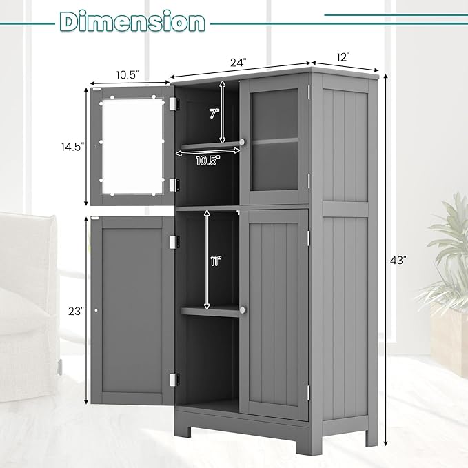 COSTWAY Bathroom Storage Cabinet, Wooden Linen Storage Organizer Cupboard with Doors & Adjustable Shelf, Freestanding Floor Cabinet for Living Room, Kitchen, Entryway, Office (Grey)