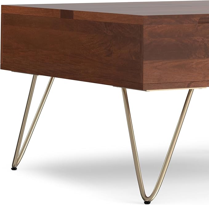 SIMPLIHOME Hunter Lift Top Coffee Table - 32 inch Wide Solid Mango Wood Industrial Square Cocktail Table in Umber Brown, Living Room Table with Dual Lift Tops, Hidden Storage and Gold Hairpin Legs