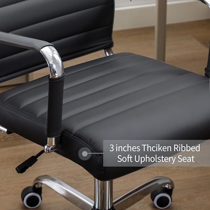Office Desk Chair Leather, Conference Room Chairs with Wheels, Executive Modern Ergonomic Ribbed Computer Chair
