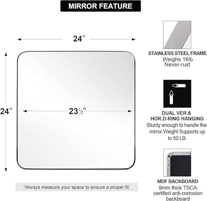 ANDY STAR Square Brushed Nickel Mirror for Bathroom, 24”x24” Silver Metal Frame Wall Mirror, Rounded Corner Stainless Steel Hangs Horizontal Or Vertical