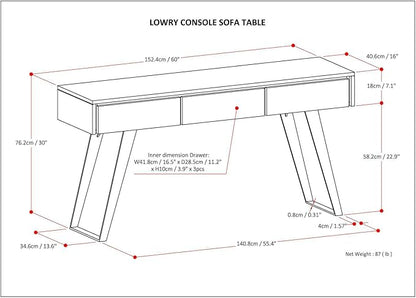 SIMPLIHOME Lowry Console Table - 60 Inch Wide Solid Mango Wood and Metal Sofa Table in Natural, Modern Industrial Storage Table for Entryway or Living Room with 3 Drawers and Angled Metal Legs