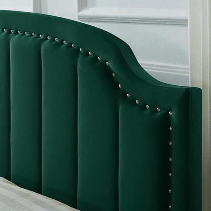 24KF Velvet Fabric Upholstered King/California King Headboard with Nail Trims, Modern Vertical Channel Design with Curved King Headboard, 6052-K-Jade