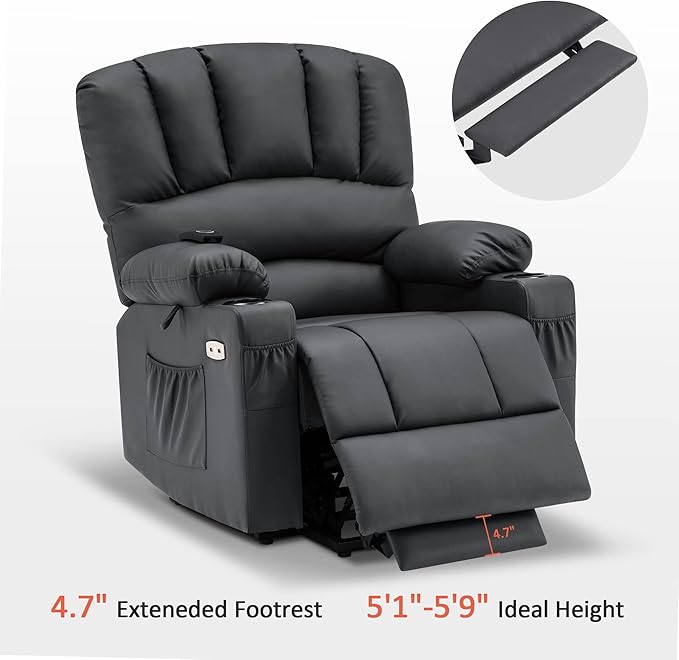 MCombo Power Lift Recliner Chair for Elderly, Lift Chair with Heat and Massage, USB &Type C Ports, Cup Holders, Faux Leather 7095 (Medium, Black)