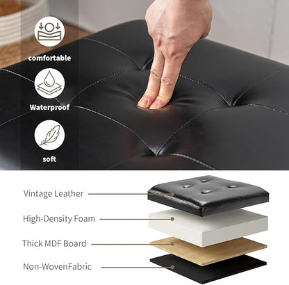 Asense 17 Inch Storage Ottoman Foot Rest,Square Faux Leather Foot Stool,Small Ottoman with Storage,Padded Seat for Entryway,Living Room,Bedroom,Couch,Under Desk,Black