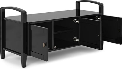 SIMPLIHOME Warm Shaker Entryway Storage Bench - 44 inch Wide Solid Wood Storage Seat in Black, Transitional Bench Seat for Mudroon or Living Room with Lift-Up Lid and Shaker-Style Panels