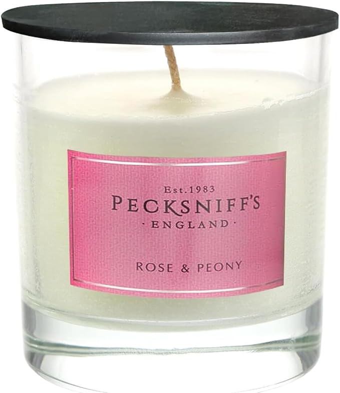 Pecksniffs White Scented Candle - Rose & Peony Fragrance Candles for Home Scented - Elegant Glass Vessel - 1 Wick Luxury Candles, 184g/6.49oz