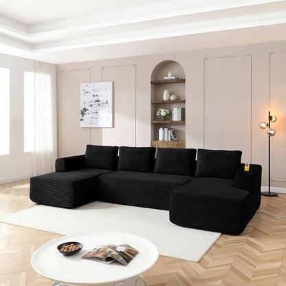 132 Inch Modular Sectional Sleeper Sofa, Boneless Cloud Couch for Living Room, U Shaped 5 Seat Sofa with 2 Cup Holders, Free Combination, No Assembly Required (Black)