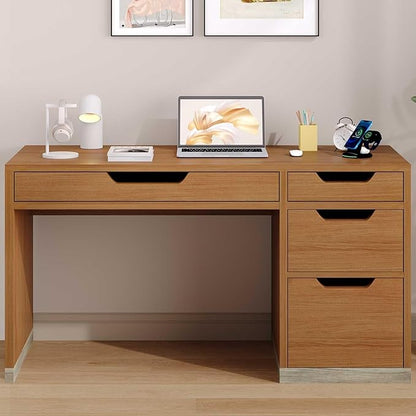 52 Inch Desk with 4 Drawers, Small Computer Desk for Small Space, Home Office Desk with Storage File Cabinet for Bedroom, Brown