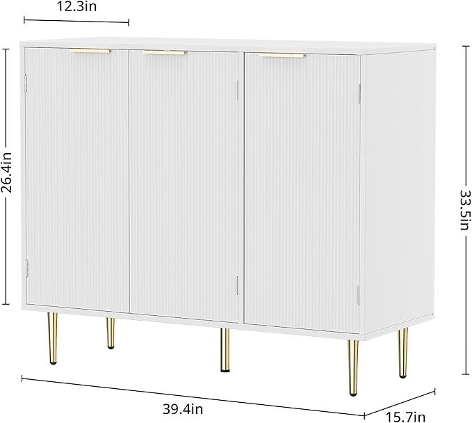 Fluted Sideboard Buffet with 3 Doors, Modern Accent Cabinet with Adjustable Shelves, Kitchen Storage Cabinet with Golden Handles, Coffee Bar for Kitchen, Living Room, White
