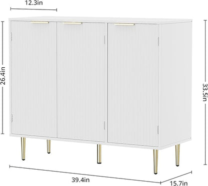 Fluted Sideboard Buffet with 3 Doors, Modern Accent Cabinet with Adjustable Shelves, Kitchen Storage Cabinet with Golden Handles, Coffee Bar for Kitchen, Living Room, White