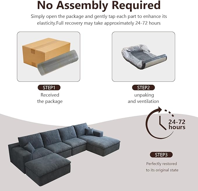136.6'' U-Shaped Modern Modular Sectional Cloud Couch Whit Ottoman, 4-Seat Chenille Deep-Seat Sofa with Pillow for Living Room, Bedroom, Apartment, Ocean Blue