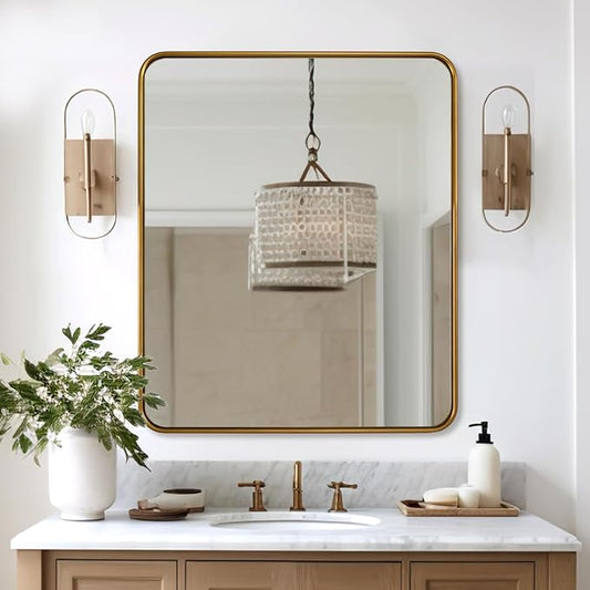 ANDY STAR Brass Mirror, 36x40 Inch Gold Rectangle Mirror for Bathroom with Rounded Corner, Brushed Brass Vanity Rectangular Mirrors with Tube Metal Frame, Wall Mounted